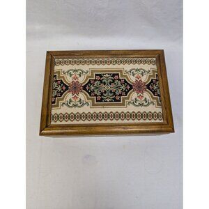 London Leather Vintage Embroidered Needlepoint Wooden Padded Trinket Jewelry Box